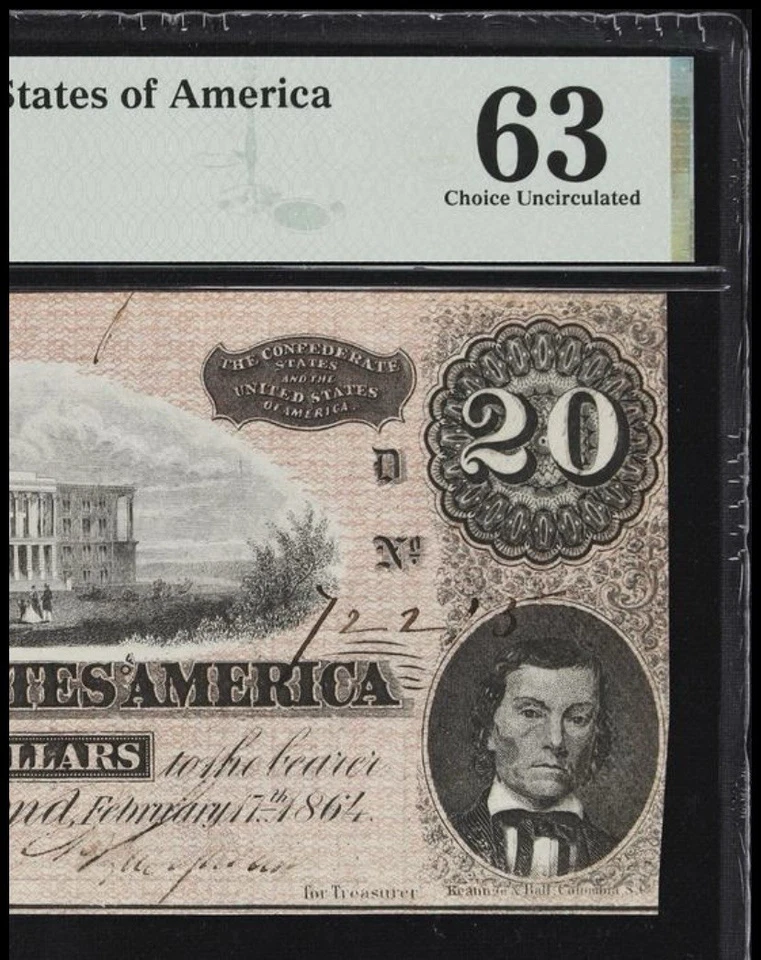PMG CU63. T-67 $20 1864 Confederate States Civil War Obsolete Banknote Currency - Image 3 of 4