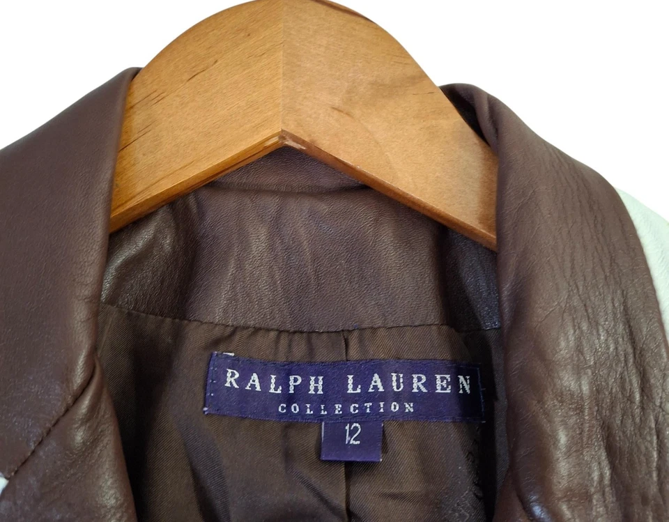 Blazer Ralph Lauren Collection Cuero Mujer 12 Marrón Blanco Borde Hecho en EE. UU. Foto 3 de 4