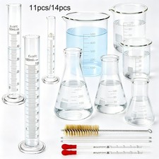14Pcs/11Pcs Lab Flask Glass Measuring Beaker 10/50/100ml Graduated Cylinder Kit