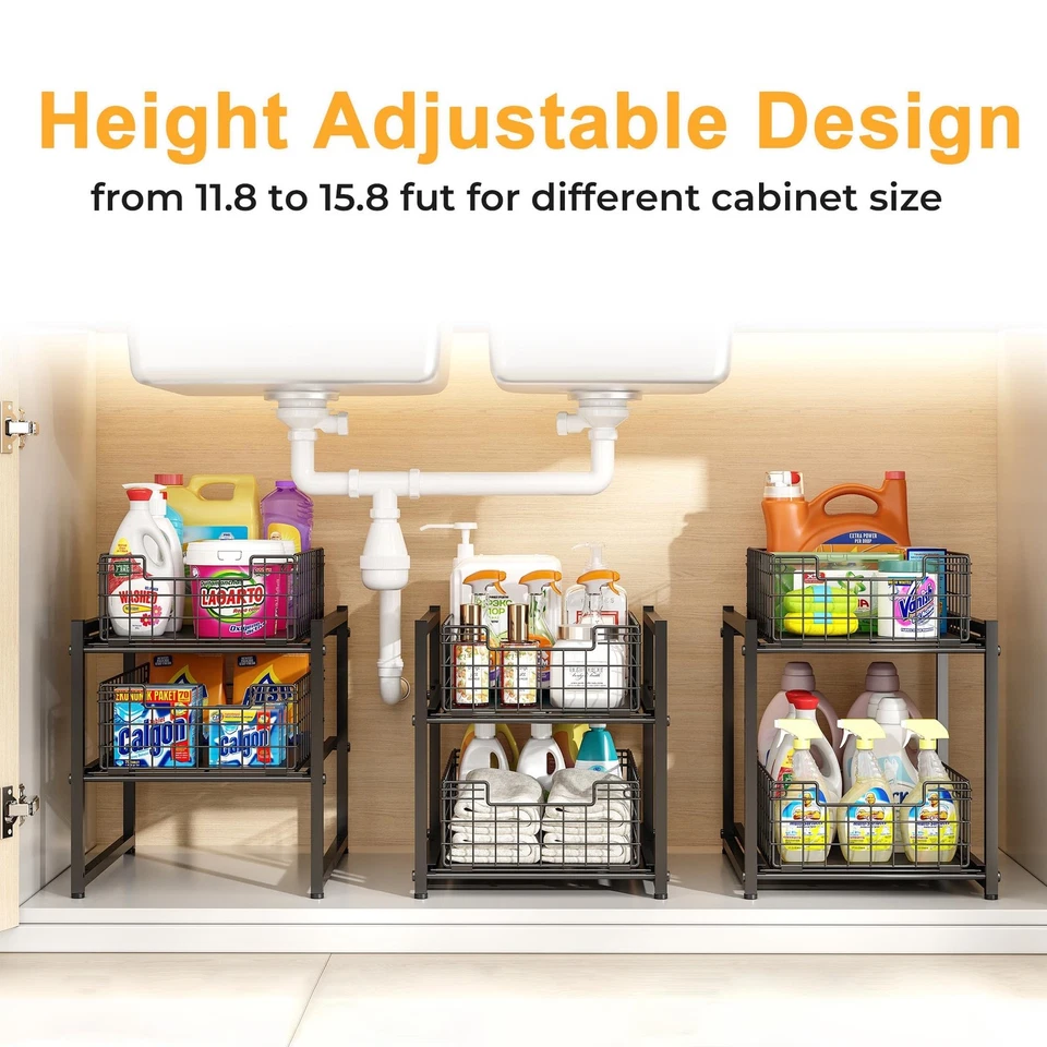 Органайзер под раковину, 2-уровневый выдвижной шкаф-органайзер, регулируемая высота Ba... - Изображение 4 из 4