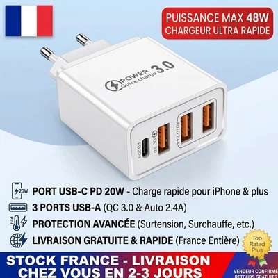 Chargeur Mural USB-C 48W QC 3.0 Type-C PD iphone/samsung/xiaomi-RECHARGE RAPIDE - Photo 1/4