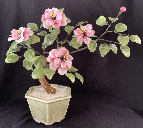 Vintage Jade & Rose Quartz Glass Bonsai Flower Tree, Pink Blossoms, Celadon Pot