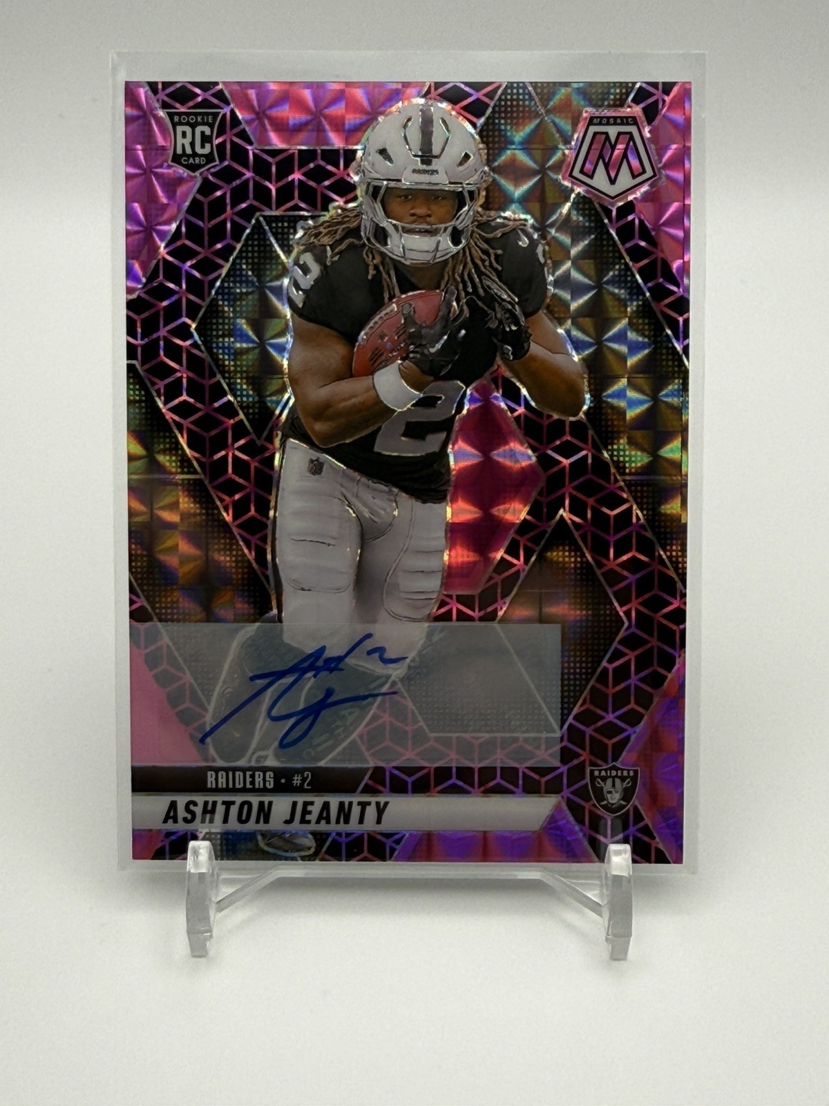 2025 Panini Mosaic Ashton Jeanty Pink TRUE ROOKIE /30 Auto FOTL SSP #345 RAIDERS