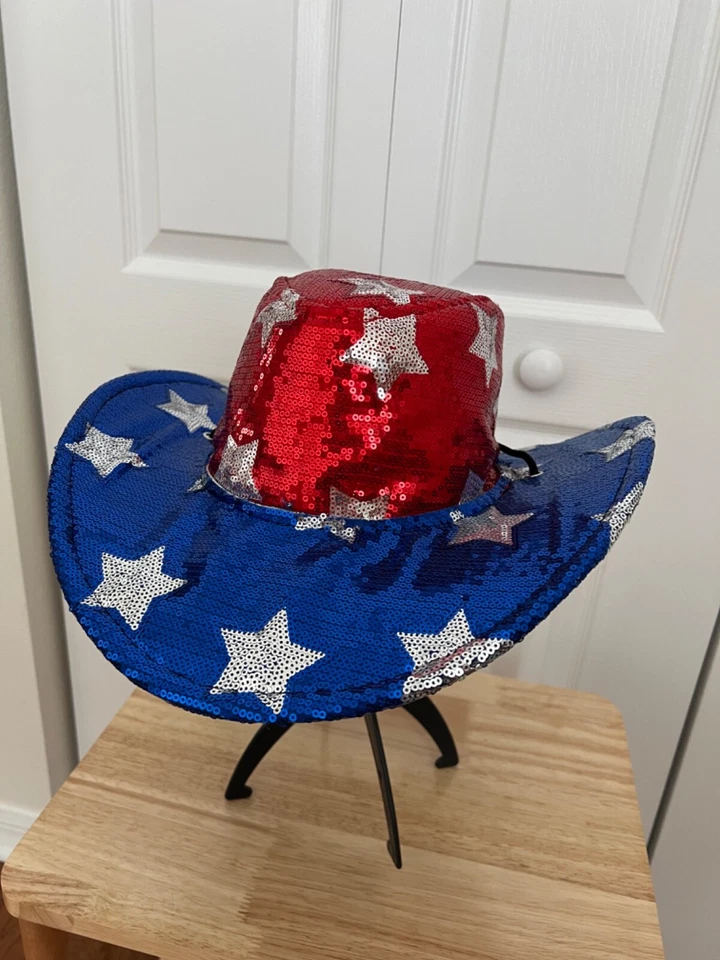 SOMBRERO VAQUERO ROJO BLANCO AZUL LENTEJUELAS PATRIÓTICAS, BANDERA AMERICANA POLÍTICA, 4 DE JULIO Foto 4 de 4