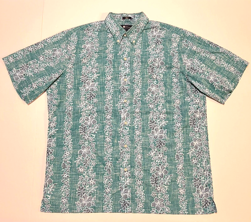 Reyn Spooner LARGE Hibiscus Floral Stripe Hawaiian Aloha Shirt Blue Green L - Picture 2 of 6
