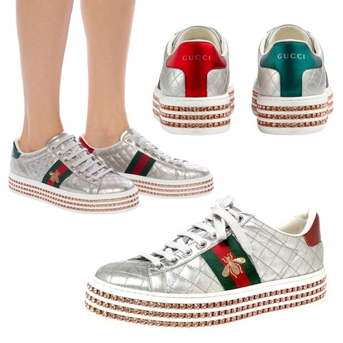 Gucci Quilted Ace Bee Crystal Platform Sneakers Lace Up Silver Women Size  40.5 | eBay
