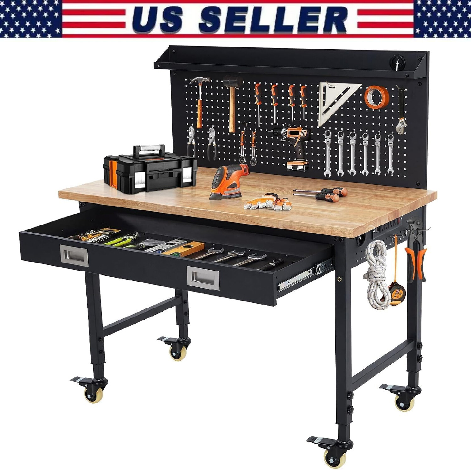 48" Adjustable Height Workbench Heavy Duty Workstation Garage with Power Outlets