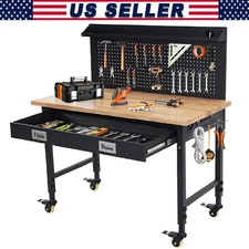Adjustable Height Workbench 48"x24" Work Bench Table w/Power Outlets and Drawers