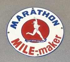 VINTAGE 12” MARATHON MILE MARKER PORCELAIN SIGN CAR GAS TRUCK MOTORCYCLE