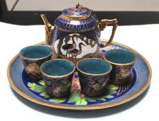 CLOISONNE BLUE ENAMEL PHOENIX FLORAL SIX PIECE TEA SET