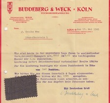 KÖLN, Brief 1941, Buddenberg & Weck Tuch-Grosshandlung Slipon