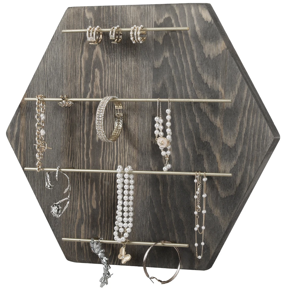 Estante de exhibición de pared hexagonal de metal tono madera y latón gris de 4 niveles para joyería Foto 2 de 4