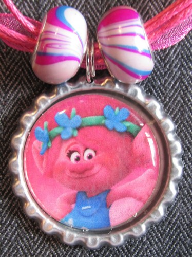 Hot Pink Ribbon Bottle Cap Bling Charm Necklace Sparkle Bead TROLLS Queen POPPY - Picture 2 of 4