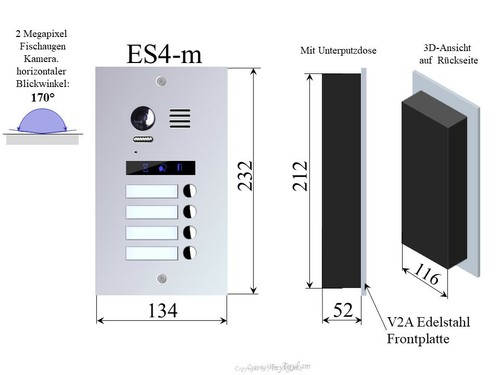 Video Türsprechanlage Edelstahl 2 Draht Videosprechanlage 4 Familien ES4m DT47MW - Bild 2 von 4