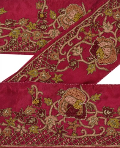Sanskriti Vintage Saree Border Hand Embroidered Craft Trims Lace 1 Yd Dark Pink