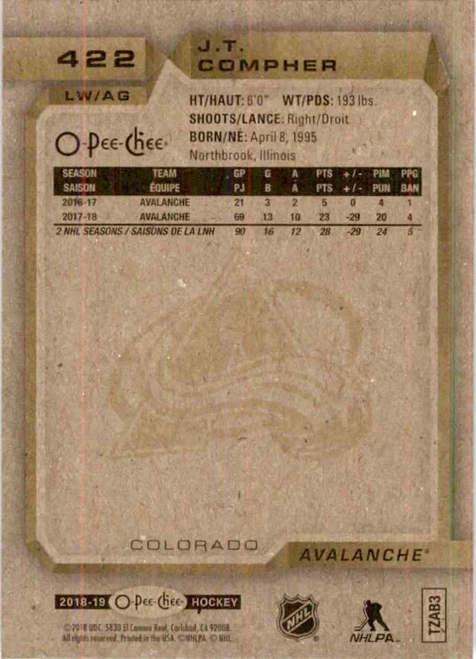 2018-19 O-Pee-Chee J.T. Compher #422 - Image 2 of 2