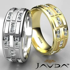 3 Row Matte Finished Pave Set Diamond Eternity Men's Wedding Band Gold 0.80 Ctw.