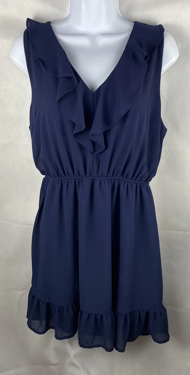 Monteau Dress Navy Blue Sleeveless V Neck Ruffles Elastic Waist