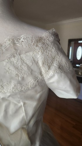 Vtg 50s Wedding Dress XS/S White Sweetheart Shelf Bust Tulle Short Sleeve Flare - Picture 6 of 11