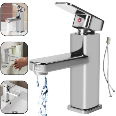 Sliver Bathroom Sink Tap with Waste Mono Single Lever Vanity Basin Mixer Taps UK
