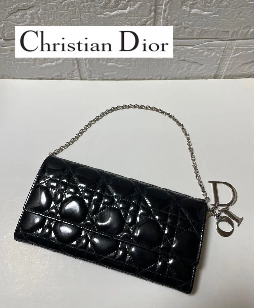 Portefeuille CHRISTIAN DIOR Lady Dior en cuir verni sur chaîne noir