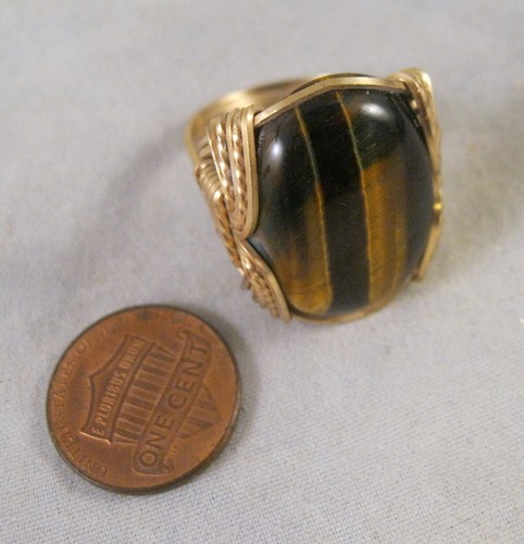 Vintage Big Tiger's Eye Unisex Ring 10K Gold Filled Wire Wrapped Size 11.5 - Picture 9 of 11
