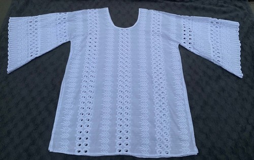 White Tunic Size XL Embroidered Eyelet Angel Wings Bell Sleeve Boho Top handmade - Picture 10 of 15