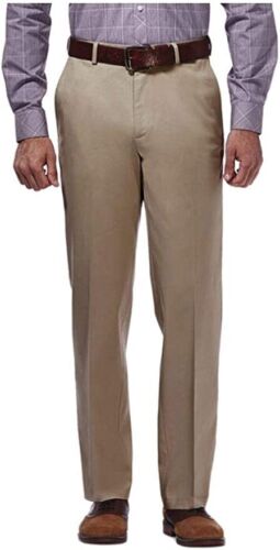 Haggar Men's No-Iron Chino Expandable Waistband Plain Front Khaki Pant, 32x32
