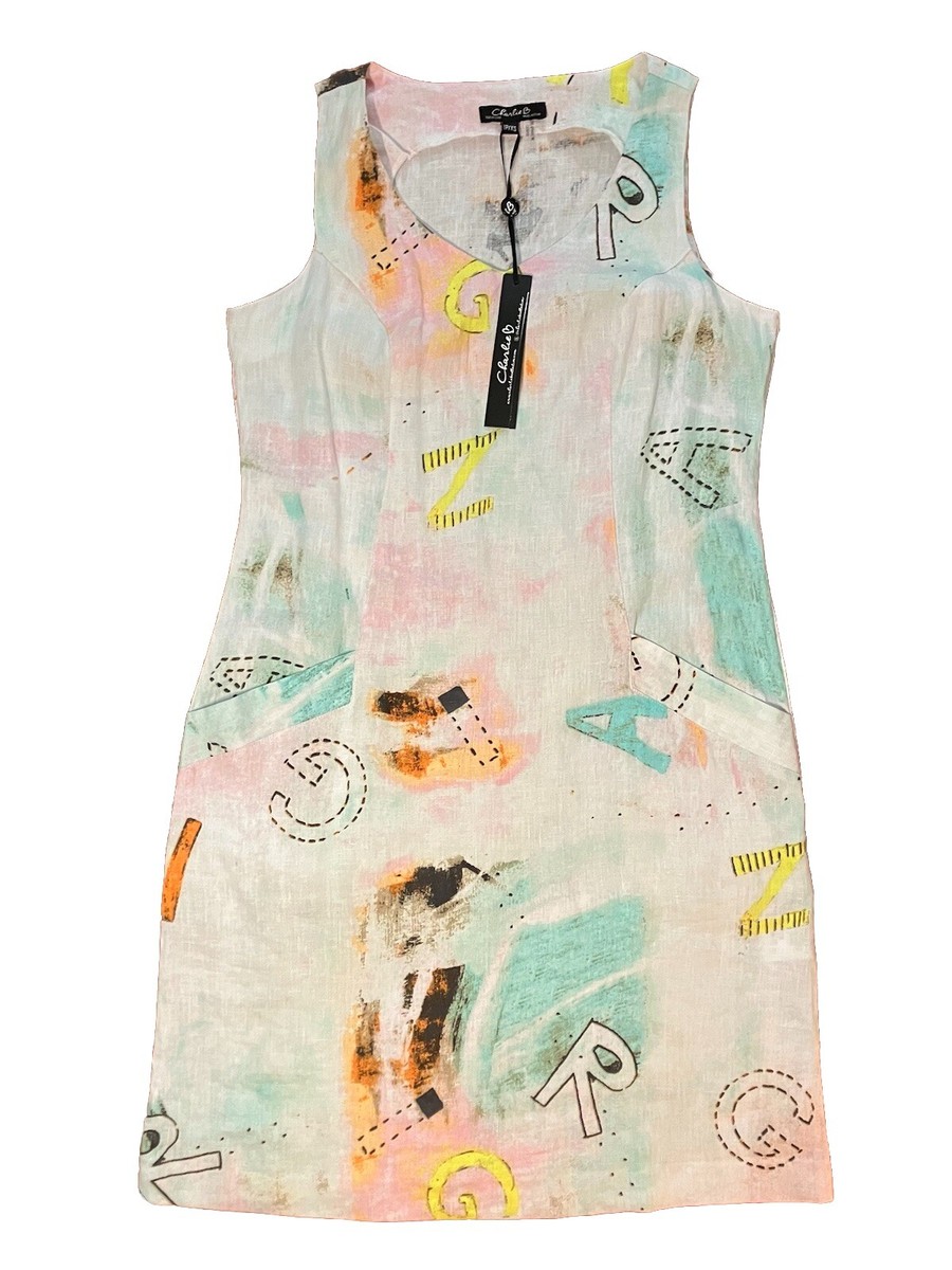 NWT Charlie B 100% Linen Tropical Island Sleeveless Shift Dress TP/XS  C3115P-032