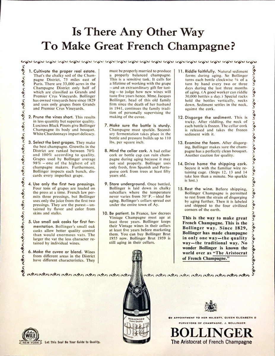 1962 Bollinger Brut French Champagne &ldquo;15 Steps to Make Great 
