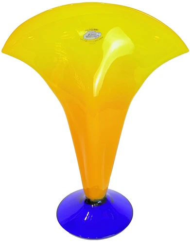 Vintage Blenko Glass 872 Fan Vase In Opaline Yellow/Cobalt 12.25” W/label Signed