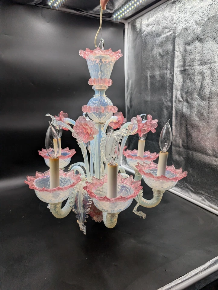 Vintage Floral Murano Art Glass Chandelier 6 Arm White Opaque Pink Venetian  - Image 2 of 4