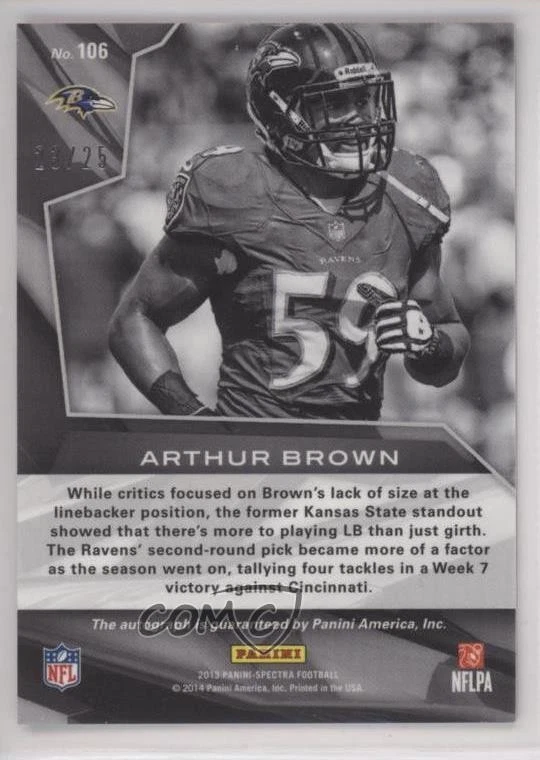 2013 Panini Spectra Rookie Auto Red /25 Arthur Brown #106 Rookie RC - Image 2 of 2