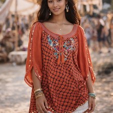 Urban Mango Gold Metal Detail Boho Festival Top M | Statement Indie Glam