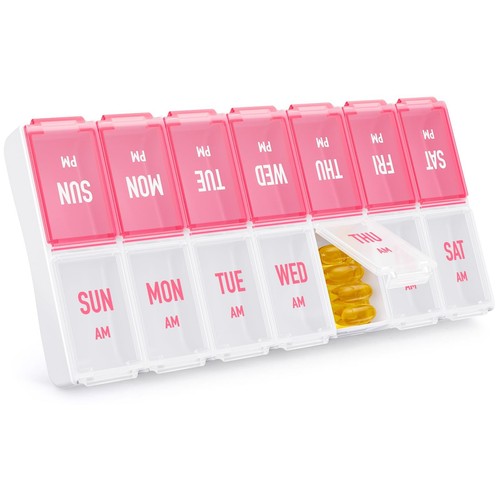 Weekly Large Pill Organizer 2 Times a Day AM PM Pill Box Container Pink