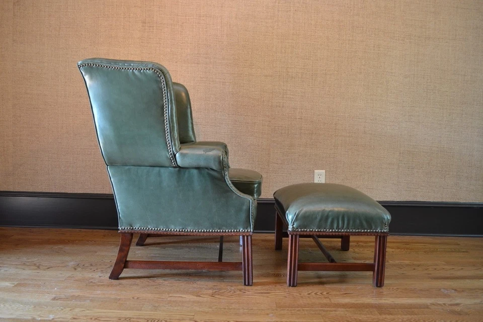 Late 20th Century Leather Chippendale Wing Chair and Ottoman - Image 2 of 4