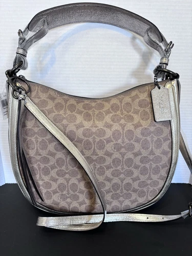 Borsa a tracolla Coach Sutton Hobo firma tela pelle di serpente marrone platino