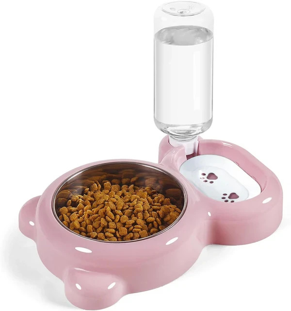 2-in-1 Dog & Cat Food & Water Bowl Set Gravity Water Dispenser Stainless Steel