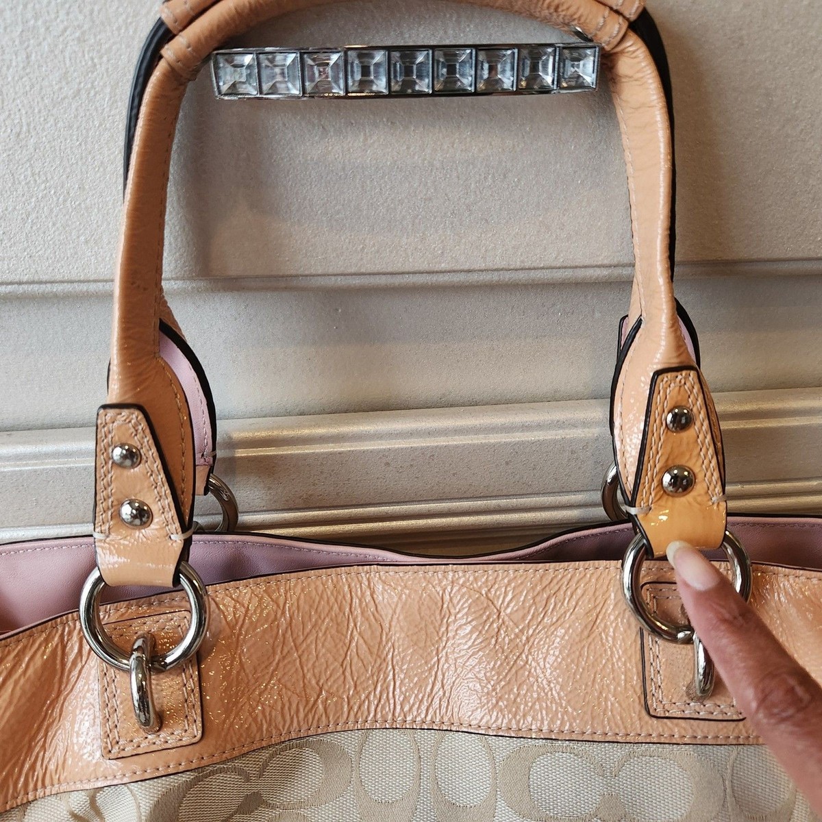 Coach Signature C Penelope Peach/Tan Leather/Canvas Tote Bag No