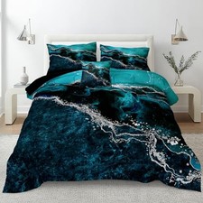 Black Marble Comforter Turquoise Blue Bedding Set 3 Pcs Queen Turquoise-01
