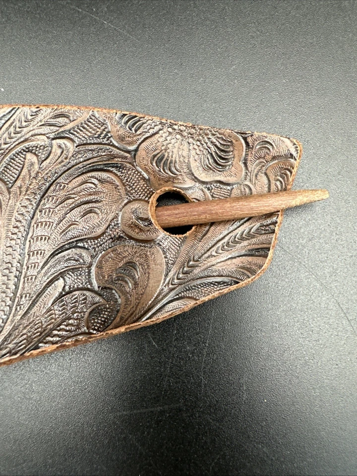 Handcrafted Vintage Leather Hair Slide With Wooden Stick Embossed Floral Design - Image 4 of 4