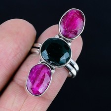 Resplandeciente Anillo Skota Esmeralda, Piedras Preciosas Rubí Plata de Ley 925 Talla 8