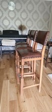 3x Vintage Oak Breakfast Bar Stools Leather Upholstered Rustic Country Style