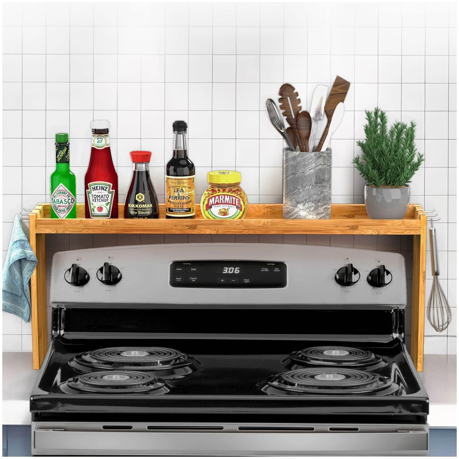 IIIOIIIA Bamboo Over the Stove Spice Shelf for Kitchen, 31.5" 30",