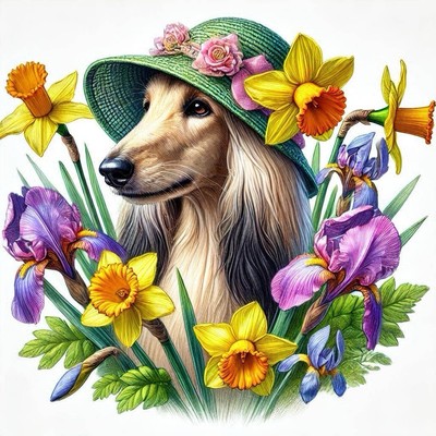 Afghan Hound, Bonnet, Lurcher, Windhund, Saluki, Ostern Grußkarte