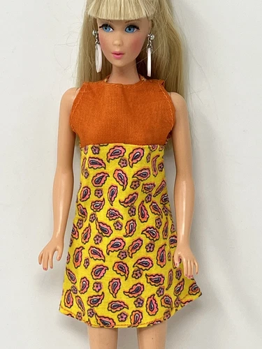 Vintage Barbie Clothes Clone Doll Mod Outfit YELLOW Orange Paisley Mini Dress