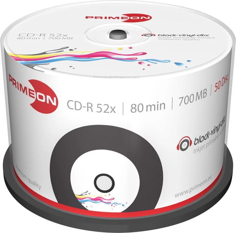 50 Primeon Rohlinge CD-R printable vinyl black dye 80Min 700MB 52x Spindel