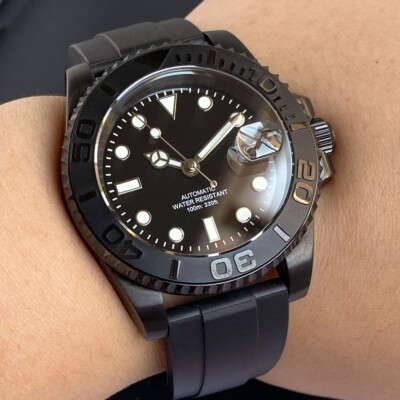 40mm Tandorio Black Dial NH35A PVD Case Automatic Dving Mens Watch Rubber strap