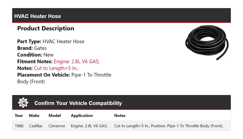 Cadillac Cimarron 1986 calefacción manguera puertas Foto 2 de 4