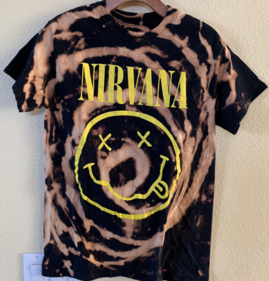 Nirvana Smiley Face Kurt Cobain Black Custom Bleach Dye T Shirt